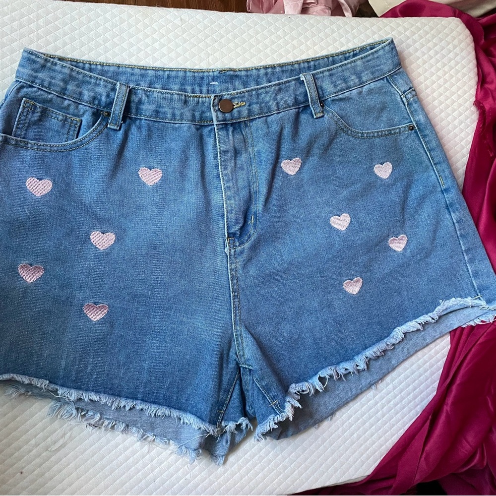 Blue and Pink Jean Shorts with Heart Pattern